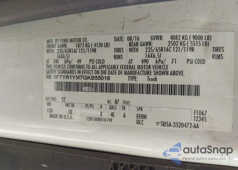 2016 Ford Transit-250 from USA, damaged, VIN 1FTYR1YM7GKB55018